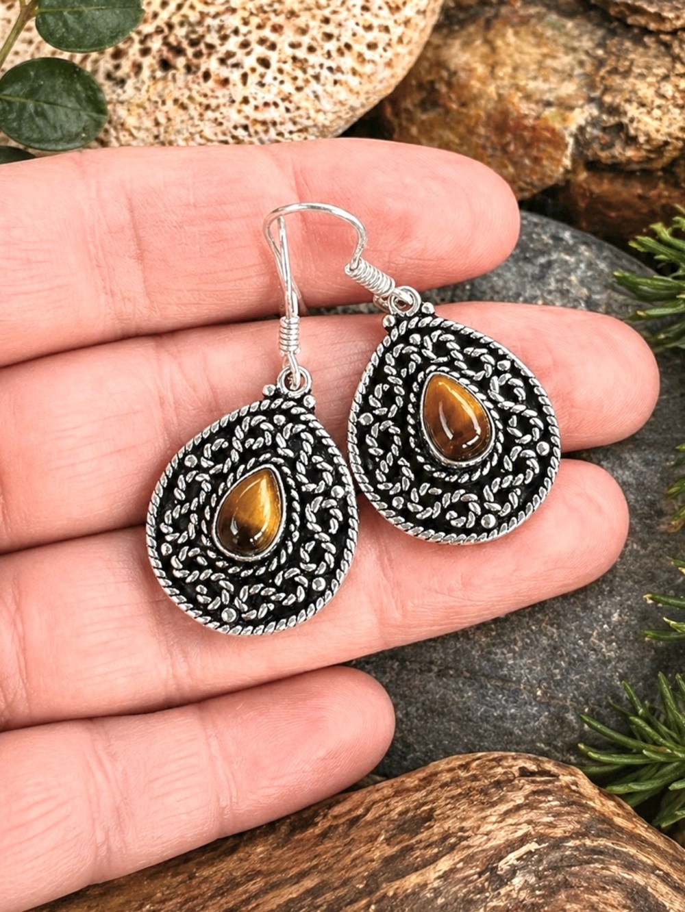 Dainty Teardrop Natural Tiger’s Eye Sterling Silver 1.3” Earrings